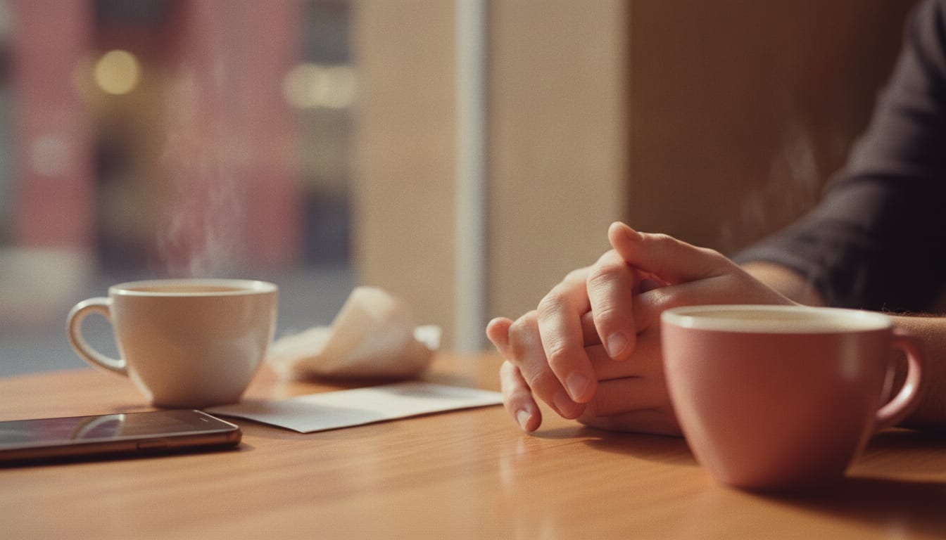 Deux mains entrelacées sur une table de café à côté de deux tasses, lumière de fin d’après-midi