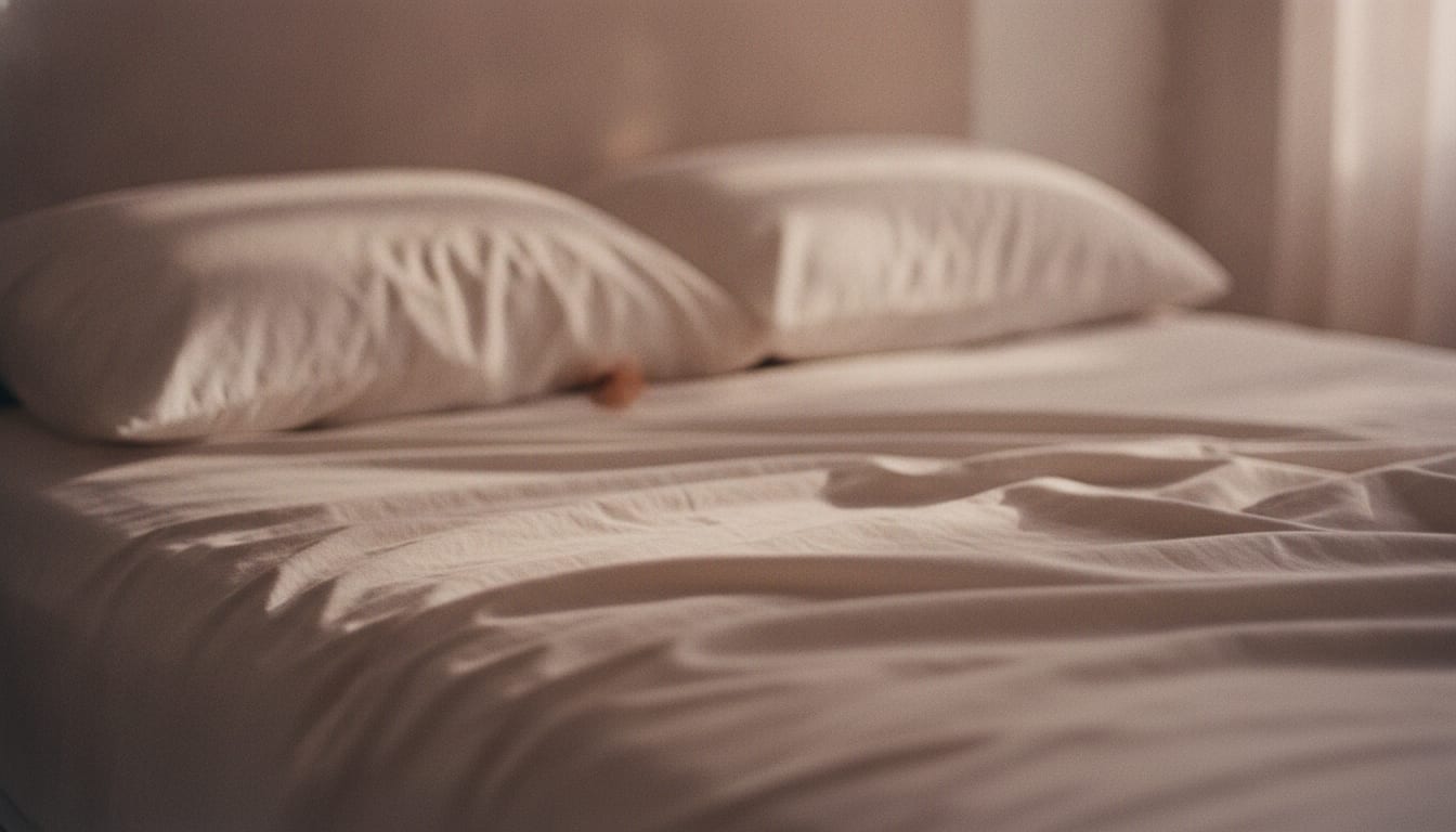 Draps clairs froissés et deux oreillers dans la lumière du matin