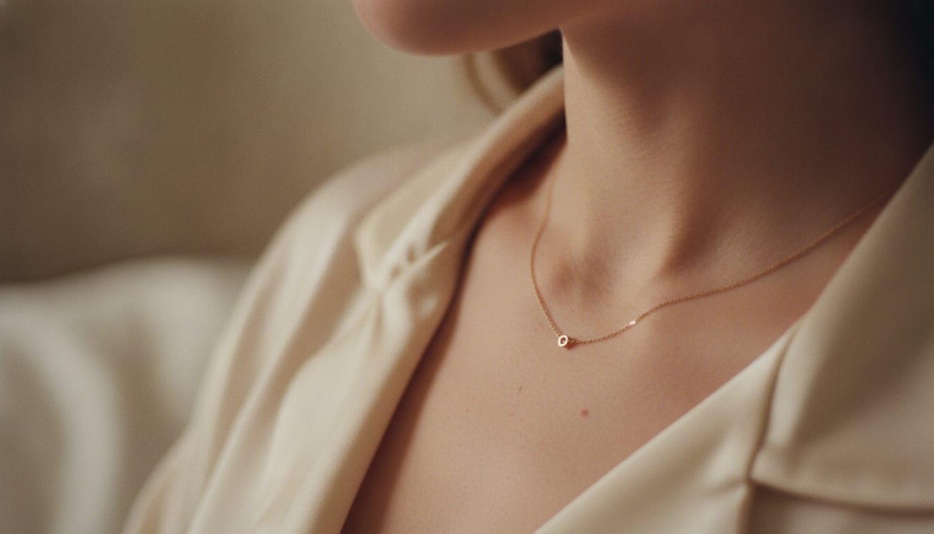 Gros plan d’une fine chaîne posée sur une clavicule, peau et lumière douce
