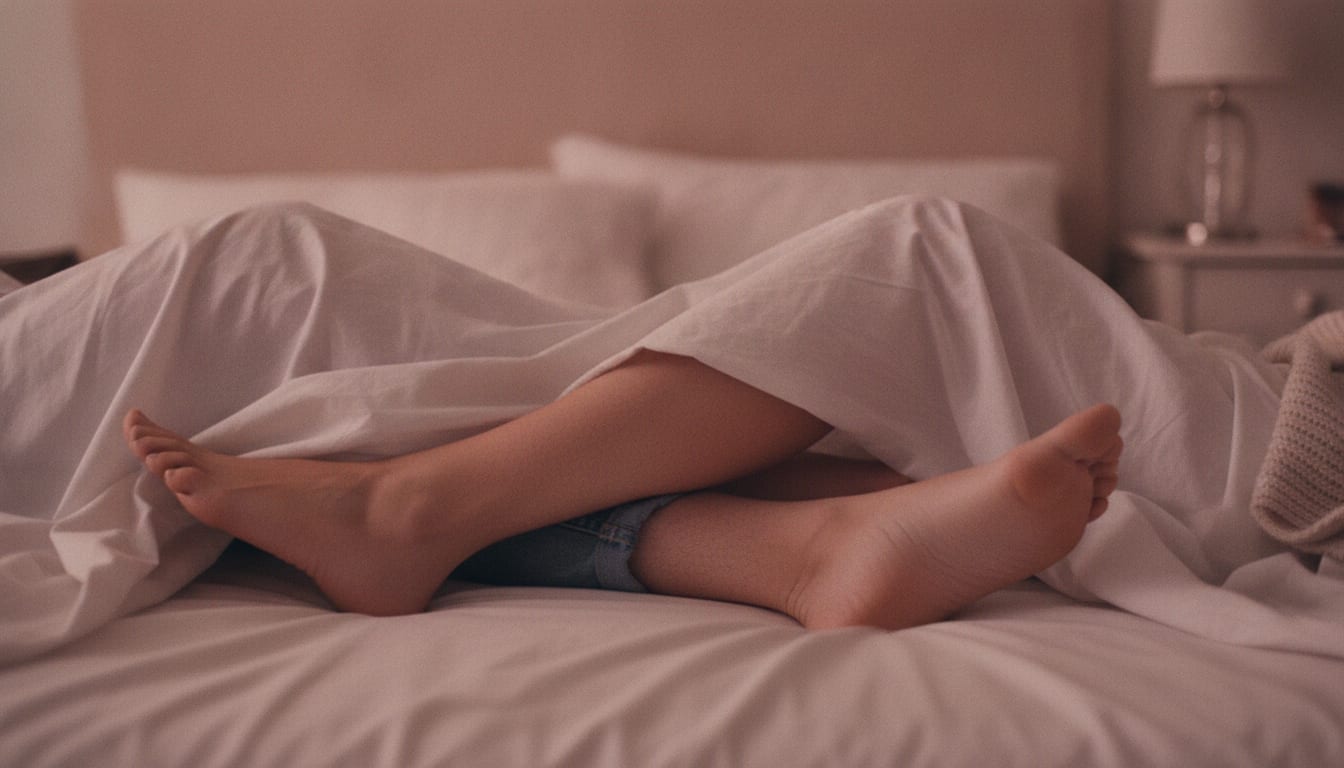 Deux paires de jambes entremêlées sous un drap léger, cadrage serré