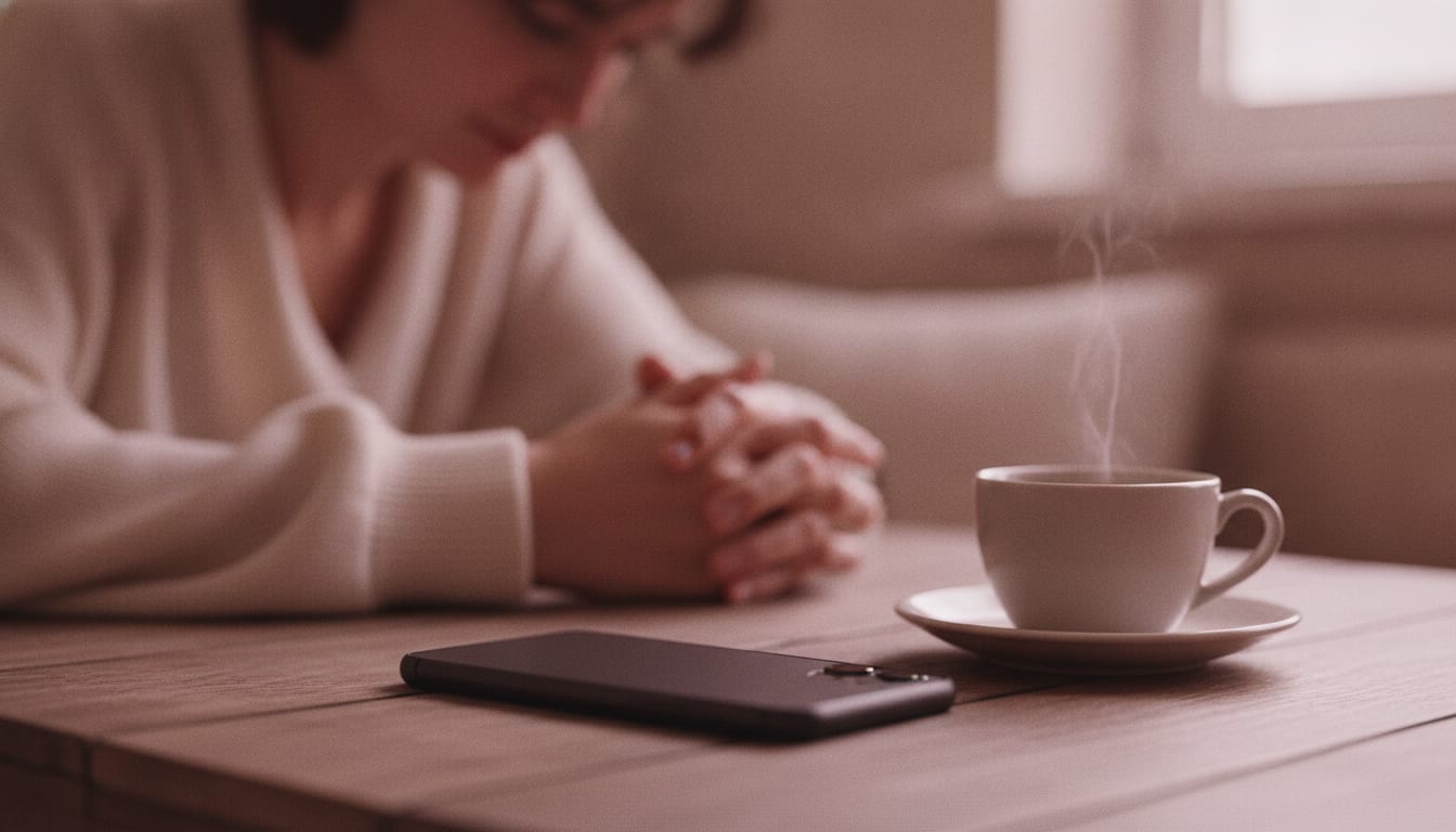 Téléphone posé écran contre la table à côté d’une tasse de café, lumière douce
