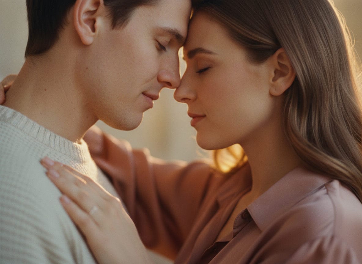 Couple de profil, fronts qui se touchent, yeux fermés, lumière chaude rasante